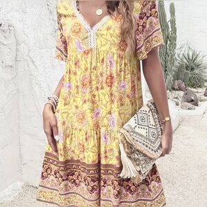 Leasty Dress Cool Lightweight Pullover Office Cruise Comfy Size L Yellow Flowers